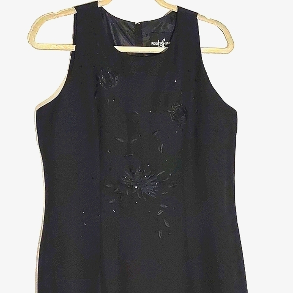 Positive Attitude Black Long Gown Covered Buttons down the back. Beaded flowers
